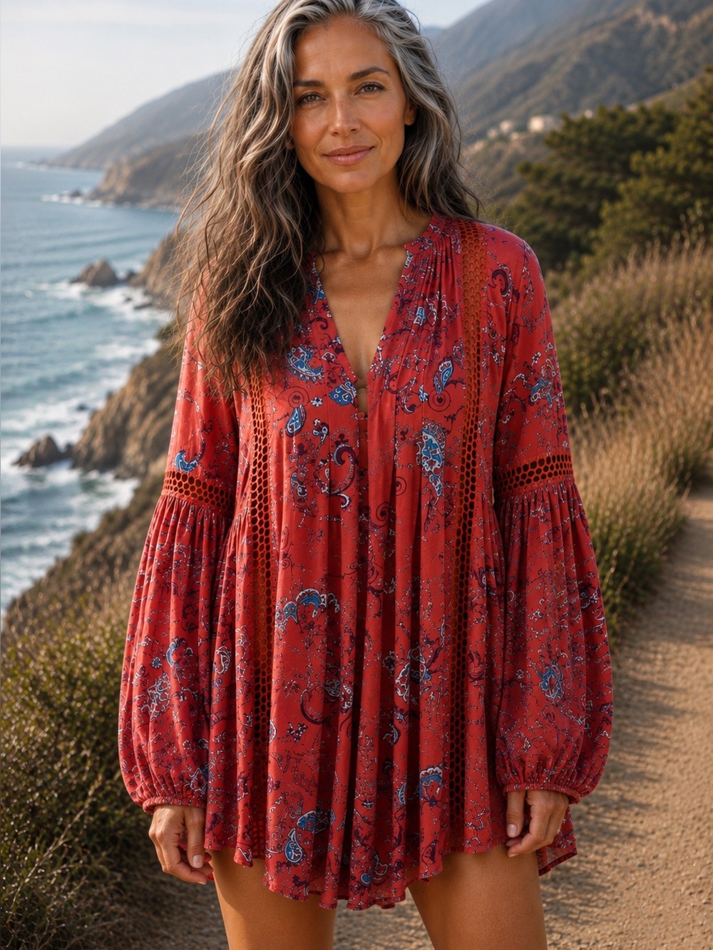 Free People Just The Two Of Us Printed Tunic Pink Red Medium